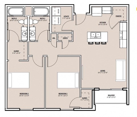 Floor plan for 2 beds, 2 baths, 1054 sqft